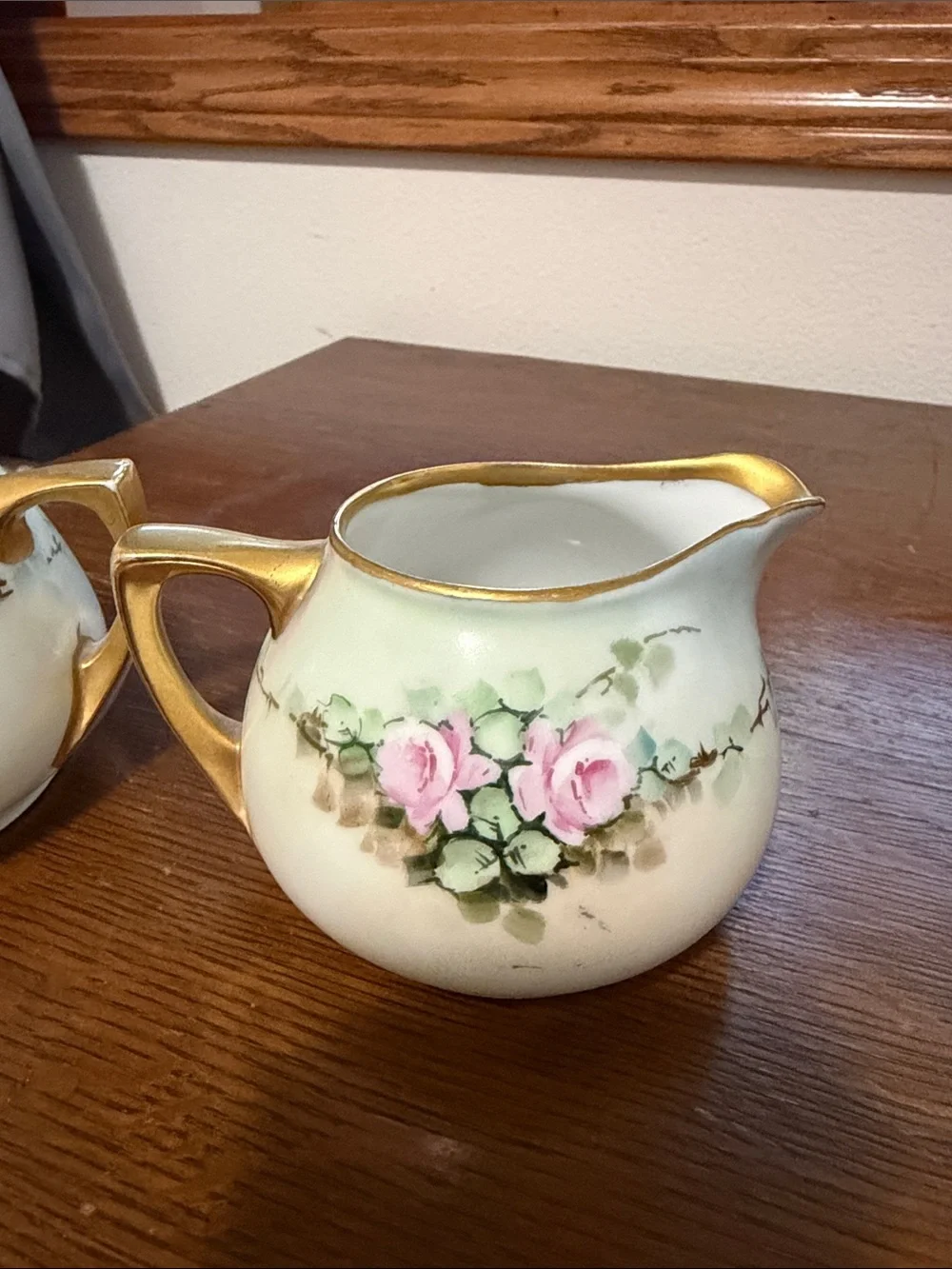 Vintage Porcelain Pink Rose Creamer and Sugar Set with Gold Trim